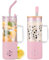 BLUEGO 600ml Glass Cups with 2 Lids and Handle, Cute Glass Tumbler with Straws and Silicone Sleeve, Iced Coffee Cup, 0.6L Smoothie Tumbler, Reusable Bubble Tea Cup, Travel Mug,Pink