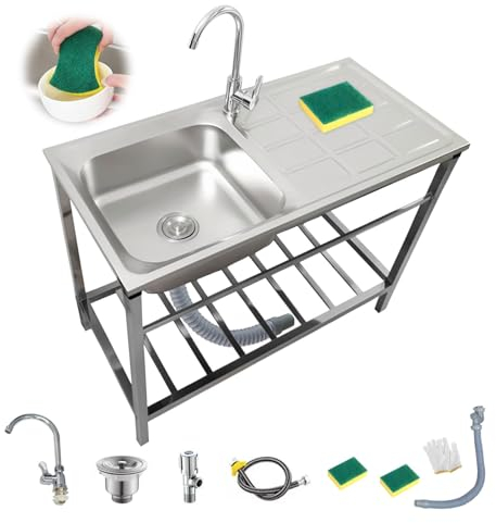 Catering Lavello In Acciaio Inox Giardino da Esterno Lavando Lavello Cucina Commerciale Con Scarico E Rubinetto, Lavabo di Utilità Per Ristorante, Garage, Lavanderia(75x40xH75cm)