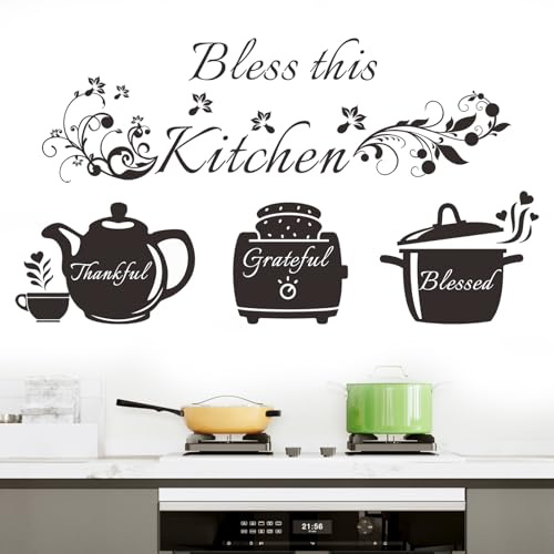 Rotumaty Kitchen Wall Stickers Decals Bless This Kitchen Wall Decor Thankful Grateful Blessed Quote Utensil Art Decorations for Home Dining Room Coffee Shop