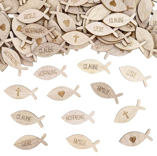 KOBOKO 100 Stück Holz Fische Deko Streudeko Taufe, Tischdeko Taufe Deko, Konfirmation Deko Mädchen Junge, Kommunion Deko Taufe, Taufdeko Konfetti, Fisch Deko für Deko Konfirmation Taufe Kommunion