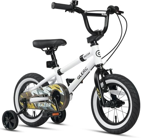 Glerc Razor Barncykel 14 tum för pojkar, nybörjare, 3, 4, 5 år, första BMX-stilcykel, med säkerhetsstativ och ringklocka och avtagbara stabiliseringshjul, vit