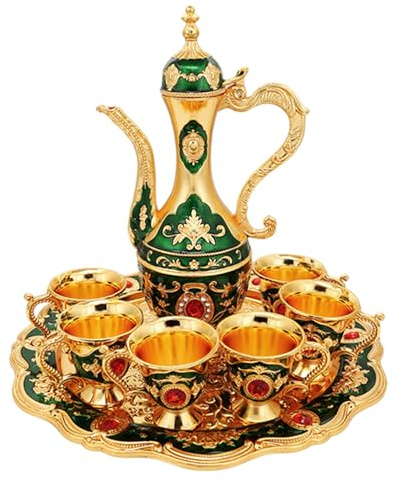 Marockanskt teset, 6 st turkiska kaffekoppsset med kruka, metall vintage turkisk tekanna kökstillbehör för hem, tefest, bröllop, bar, grön