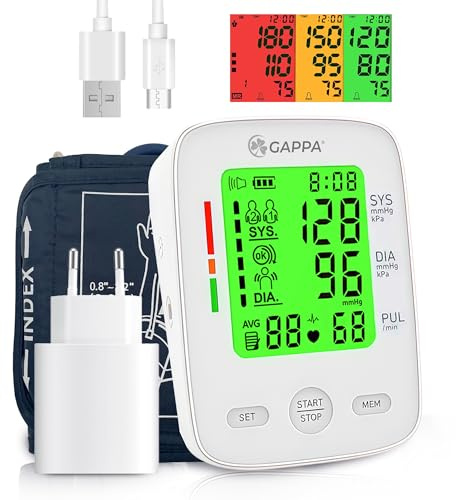 GAPPA FC-BP120 Tensiómetro de brazo automático con adaptador incluido, manguito (extendido 22-42 cm), pantalla a color grande, indicador de riesgo, detección de arritmia, memoria 2x99, portátil