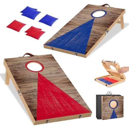 NZQXJXZ Set da Gioco per Cornhole, 60x40cm Tavole per Fori per Mais Premium in Legno Massello con 6 Sacchi di Fagioli e una Borsa per il Trasporto, Set da Gioco per Lancio di Mais per Adulti