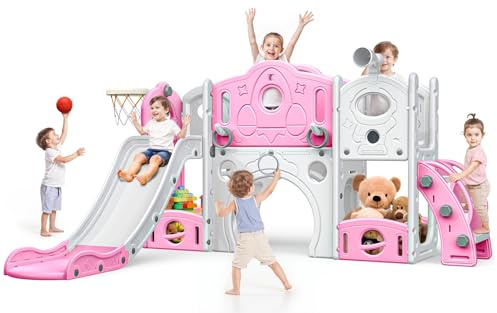Kinder Rutsche: Kleinkind Rutsche mit Basketballkorb Spielset mit Stauraum, Spielzeug für Kleinkinder 1-3 Jahre (Extra groß,Rosa)