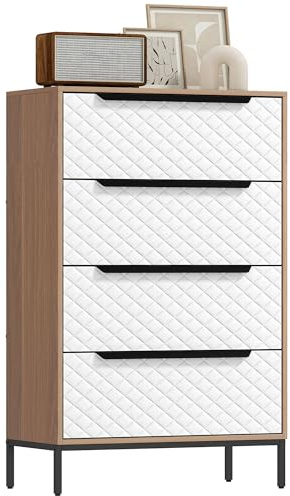 HOMCOM Cómoda con 4 Cajones de Tela, Cómoda para Dormitorio, Marco de MDF, Frentes con Patrón de Diamante, Cajonera para Salón, Oficina, Vestidor, Natural y Blanco