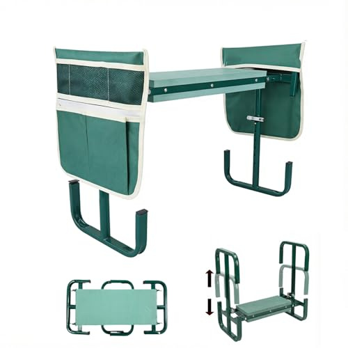 TUIBEIDAMAI Sgabello da giardino pieghevole al ginocchio, altezza regolabile, 60 x 52 x 27 cm, per lavori di giardinaggio con ausilio per alzarsi, borsa per attrezzi, tappetino in schiuma, per