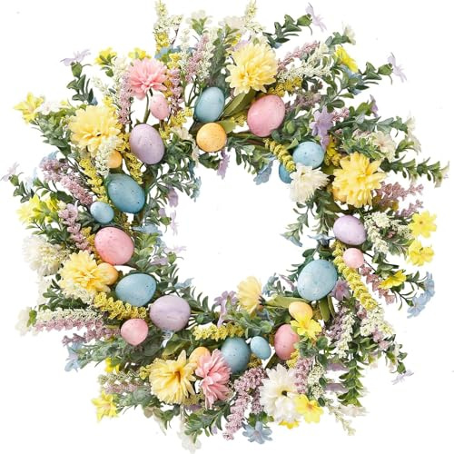Xiyocadt Osterkranz,Frühlingskranz,Künstlicher Blumenkranz mit bunten Eiern,Hortensien,Gänseblümchen,Eukalyptusblättern,für Haustür,Ostern,Bauernhaus,Urlaub,Wand,Zuhause,50cm