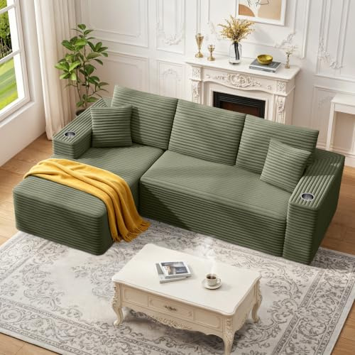 Scisola divano angolare, divano letto 3 posti Angolo Modulare con Portabicchieri, Divano a L Reversibile per Salotto Soggiorno Appartamento 261x172x60cm, Verde