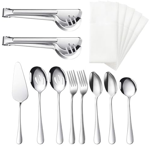 ManyDFYu 15-delars bestickset med bestickväska, rostfritt stål serveringsbestick-set innehåller 1 stor soppslev, 2 skumskedar, 2 gafflar, 2 sopptång, 2 soppskedar, 1 kakspade (silverfärgad)