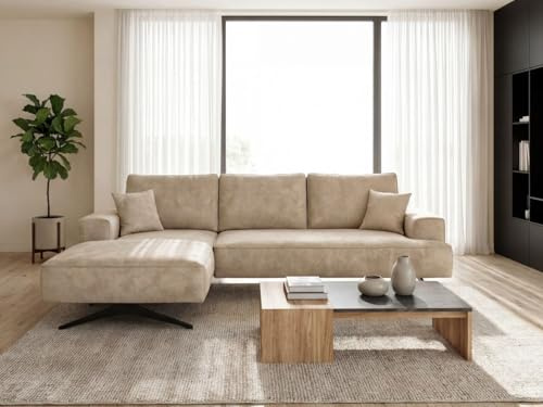 GRAINGOLD Leto Ecksofa 260x165 cm, L-Form Sofa, Ecksofa für Wohnzimmer, Velours-Stoff, 3-Sitzer Eckcouch, Modernes Design (Beige, Links)