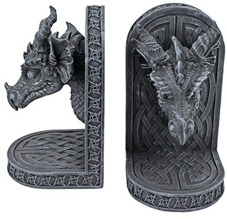 Design Toscano grå klosterdrake gotisk staty bokändar, 19 cm, set om två, polyresin, grå sten