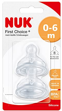 NUK First Choice+ Anti-Colic-Trinksauger Silikon | kiefergerechte NUK Form | Größe 1 (0-6 Monate) S für Tee | 2 Stück