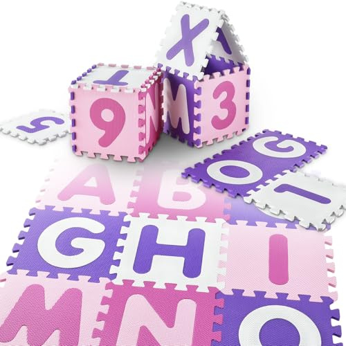 Juskys Tapis-Puzzle pour Enfants Juna 36 pièces avec Lettres de A à Z et Chiffres de 0 à 9 – Antidérapant – Rose pour Les Filles – Puzzle dès 10 Mois –Tapis de Jeu