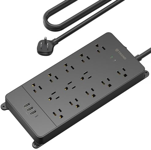 TROND Surge Protector Power Strip, 4000 Joules, ETL Listed, 13 Widely-Spaced Outlets Expansion with USB C Ports, Low-Profile Flat Plug, Wall Mountable, 5ft Extension Cord, 14AWG Heavy Duty, Black