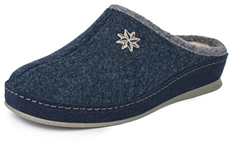 SCHAWOS Mujer Zapatilla Lisa – Pantufla de fieltro con lana, plantilla anatómica y suela silenciosa, marine, 40 EU
