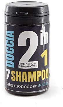 Doccia Shampoo Solido Artigianale e Naturale in Compressa 2 in 1 - Ideale per Campeggio e Sportivi - Confezione da 7 Compresse, Thè Nero e Bergamotto