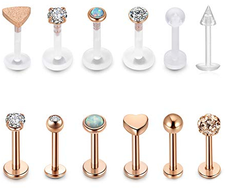 PiercingJak 12er 16G Tragus Piercing Rosegold Chirurgenstahl Acryl Bioflex Retainer Lippenpiercing Stecker Labret Monroe Helix Ohr Stud Piercing 8mm Punk CZ Schmuck Unisex