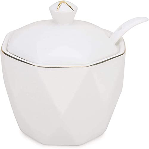 Qiuerte 1 sucrier en céramique avec couvercle et cuillère - 334,5 g - Pour la maison et la cuisine - Bordure dorée en losange vintage - Rose/bleu/blanc en option - Blanc