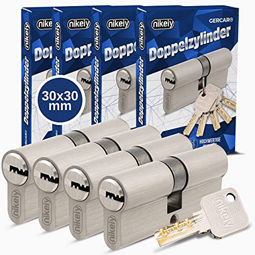 GERCAR Pro Juego de 4 cerraduras cilíndricas de latón niquelado mate 30/30-4x cilindro de cerradura/cerradura de barril 60 mm con botón para puerta - con 10 llaves - Longitud: 60 mm, A: 30 B: 30