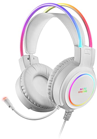 Mars Gaming MHRGB, Auriculares Gaming, Iluminación 360º, Sonido Ultra-Bass 3D, Micrófono Cancelación Ruido, Windows/PS4/PS5/XBOX One/Xbox Series X|S/Mac/Switch/Switch 2/Smartphone/Tablet, Blanco
