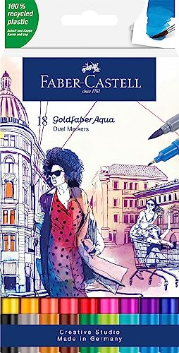 Faber-Castell - Goldfaber Aqua Dual Marker, 18 Farben | Wasservermalbare Dual Marker mit Pinselspitze und Fineliner für Aquarellmalerei und Lettering