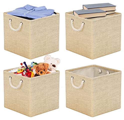 RIWNNI Set di 4 Scatole Portaoggetti, 30 x 30 x 30 cm, Cestini Portaoggetti in Tessuto, Cesto Portaoggetti Pieghevoli con Manici, Contenitori Portaoggetti per Giocattoli, Vestiti, Libri, Beige