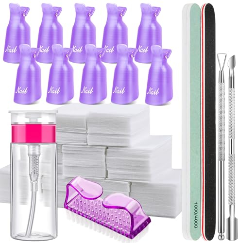 Gel Nail Polish Remove Tool Kit - FANDAMEI Nail Remove Clip, 100ml Nail Polish Remover Bottle, 500 Nail Remover Cotton Pad, Nail Brush, Cuticle Pusher, Cuticle Peeler, Nail File, Buffer Block, Pruple