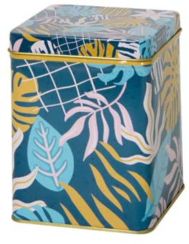 Tropical - Retro/Vintage Style Square Tea Caddy/Kitchen Storage Tin - Teal, Mustard, Aqua (200 g) - 8.5 x 8.5 x 11 cm