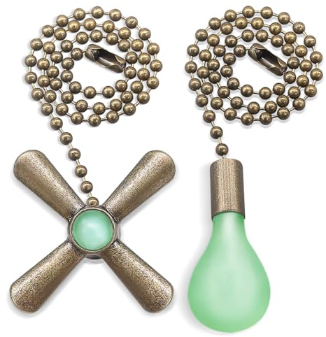 Dotlite 2Pack Bronze Ceiling Fan Pull Chains Glow in the Dark,3mm Diameter Beaded Decorative Light Pull Chain Pendant Extension, Fan and Bulb Shaped Ornaments Cord Extender