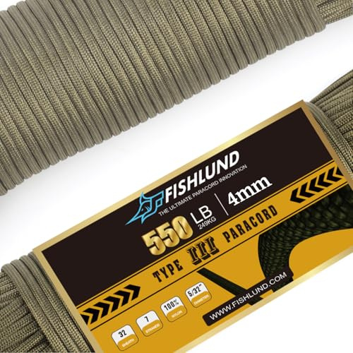 FISHLUND Paracord 550 lb, 7 Strand Paracord Rope 100ft 4mm, Nylon Parachute Cord for Camping, Army Green