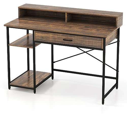 COSTWAY Computer Desk, Wooden Study Table Writing Workstation with Monitor Stand, Storage Shelves & Drawer, Heavy-duty PC Laptop Table Working Desk for Home Office (Rustic Brown, 120 x 56 x 90cm)
