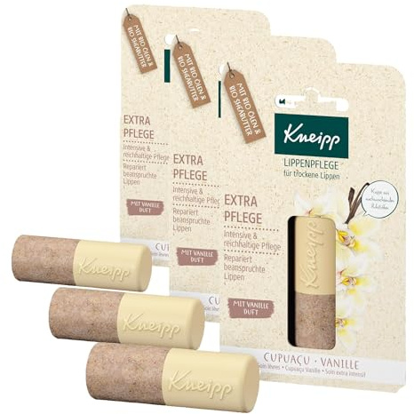 Kneipp Lippenpflege Extra Pflege - reichhaltiger Lippenbalsam mit nährender Cupuaçu Butter und echtem Vanille-Extrakt - langanhaltender und intensiver Lip Balm - 1 St (Packung mit 3)