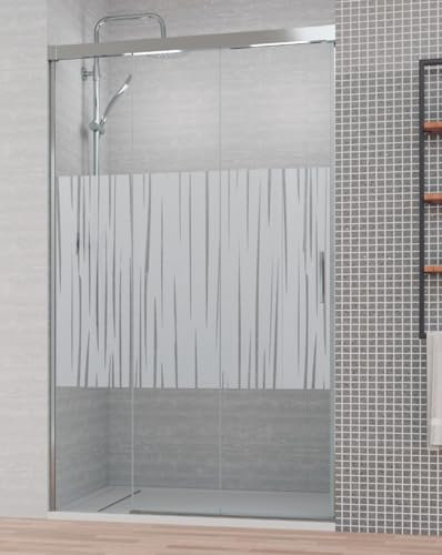 Mampara de Ducha Frontal Corredera 3 Hojas | 2 Puertas Correderas + 1 Fijo | Cristal Templado 6mm Antical Serigrafía | Altura 195cm | Perfil Cromo Brillo 110 cm (Adaptable 105,1-110cm)