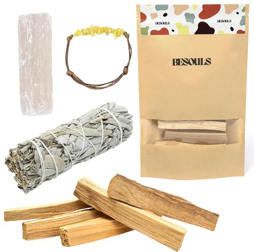 BESOULS Premium Räucherset Hausreinigung: 1 Weißer Salbei zum Räuchern 4-6 Palo Santo Räucherholz aus Peru 1 Selenit Geschenkarmband spirituelle Geschenke weißer Salbei räuchern White sage