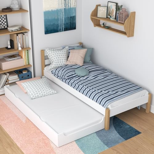 N-wood N01 Bett mit Schublade 100x200 cm, Doppelbettfunktion, Einzelbett für Kinder, Jugendliche und Erwachsene, aus Massiv Eichenholz, abgerundete Kanten, empfohlen für Allergiker und Asthmatiker