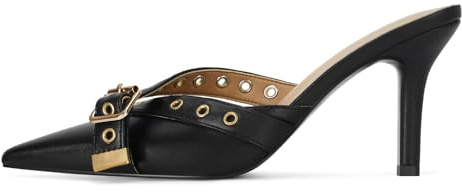 Dsevht Black Kitten Heels for Women Pointed Closed Toe Dressy Bow Heel Vintage Heeled Mules Sexy Pointy Studded Slip on Stiletto Pump Shoes