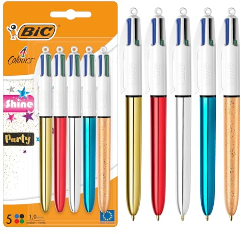 BIC 4 Farben Kugelschreiber Set 4 Colours Shine, in verschiedenen Farben, 5er Pack, Ideal für das Büro, das Home Office oder die Schule