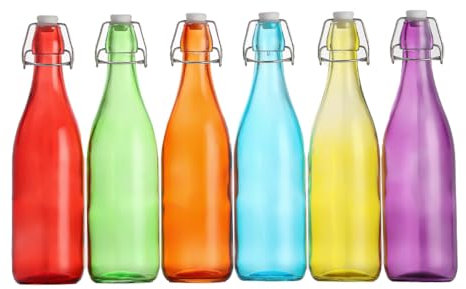 simpa Vintage Style Mix Colour Glass Bottles with Swing Top Lids. Round 750ml Bottles - Set of 6