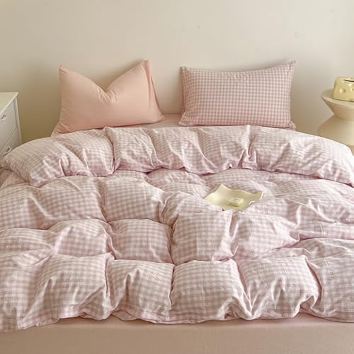 Nayoroom Bettwäsche 135x200 Rosa Weiß Kariert Bettbezug Set Gewaschene Microfaser Aesthetic Mädchen Rosa Weiss Karo Deckbettbezug und Kissenbezug 40x80 mit Reißverschluss