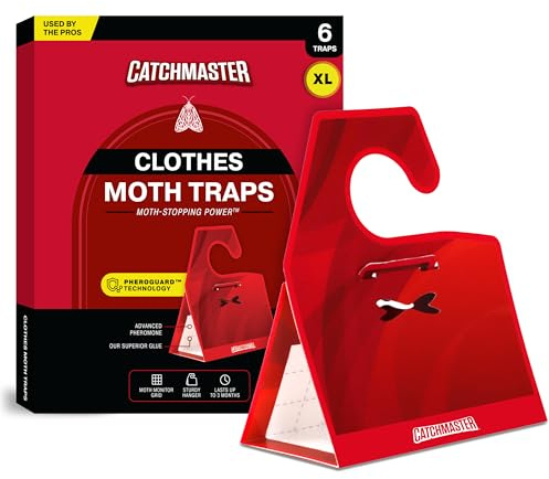 Catchmaster Clothing Moth Traps with Premium Extra Strength Odorless Pheromone Technology – Red, XL, Extra-Strength Glue – Traps & Targets Casemaking and Webbing Moths - 6-Pack