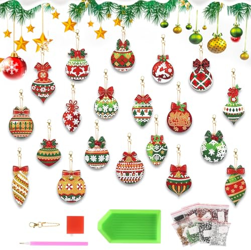 DELAESI 20 Stück 5D Diamond Painting Schlüsselanhänger mit Diamant Malerei Anhänger für Kinder, Diamant Malerei für Kinder, Weihnachten Winter Dekoration