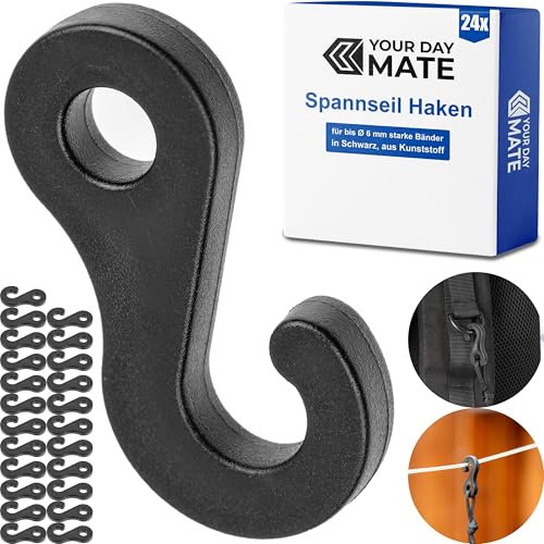 Your Day Mate Gancho para cuerda tensora, 24 piezas, negro, de plástico, para cuerdas de goma de hasta Ø 6 mm, gancho para carpa exterior, toldo, lona, pinza para mástil, gancho de sujeción de cincha