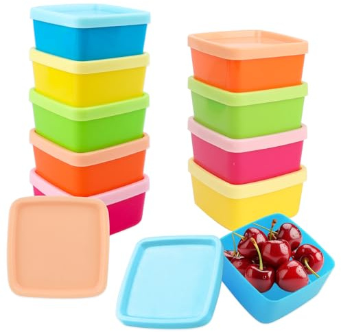 TAIXING Set di 10 piccoli contenitori con coperchio, quadrati, in plastica, 5 colori, mini barattoli con coperchio, per conservare snack e frutta