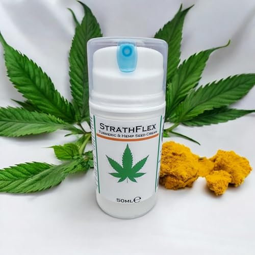 StrathFlex Hemp and Turmeric Cream 50ml. Fast Absorbing, Non Greasy, Moisturizing, Soothing. Hemp Seed Oil, Turmeric, Rosemary, Lavender, Vitamin E | For Back, Knees, Feet, Neck & Joints