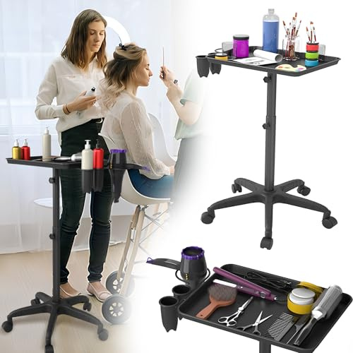 UISEBRT Salongvagn höjdjusterbar 71–105,5 cm, frisörvagn med 1 hylla och 2 förvaringsfack, rullvagn med 5 hjul (2 låsbar) för kosmetikstudio, frisörsalong och tatueringsstudio