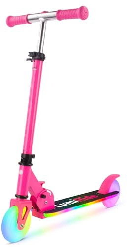 LUMI RIDE Sparkcykel Barn 2 hjul, trehjuling skoter från 3 år, LED - 7 färger, 20 program - 3 nivåer av styrhöjdsjustering, fotbroms, avtagbara handtag (Fuchsia)