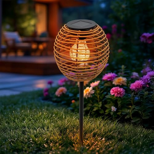 Spina solare per aiuole in effetto rattan con lampadina a LED – 52 x 15 cm – spina decorativa da giardino luce bianca calda – lampada solare da giardino giardino giardino decorazione illuminazione