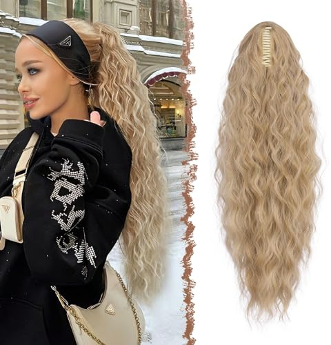FESHFEN Pferdeschwanz mit Klammer, Lange Wellig Lockig Haarextension Synthetik Zopf Haarverlängerung Claw Clip in Haarteil Ponytail für Damen 75cm Blond und Aschblond Gemischt