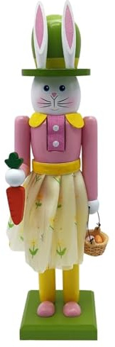 FUNLOV Easter Bunny Nutcracker, Wooden Rabbit Decor – Indoor Easter Decorations for Table & Home, Cute Standing Rabbit Statue with Carrots andEgg, Farmhouse Spring Decor, Bunny Figurines (Pink)